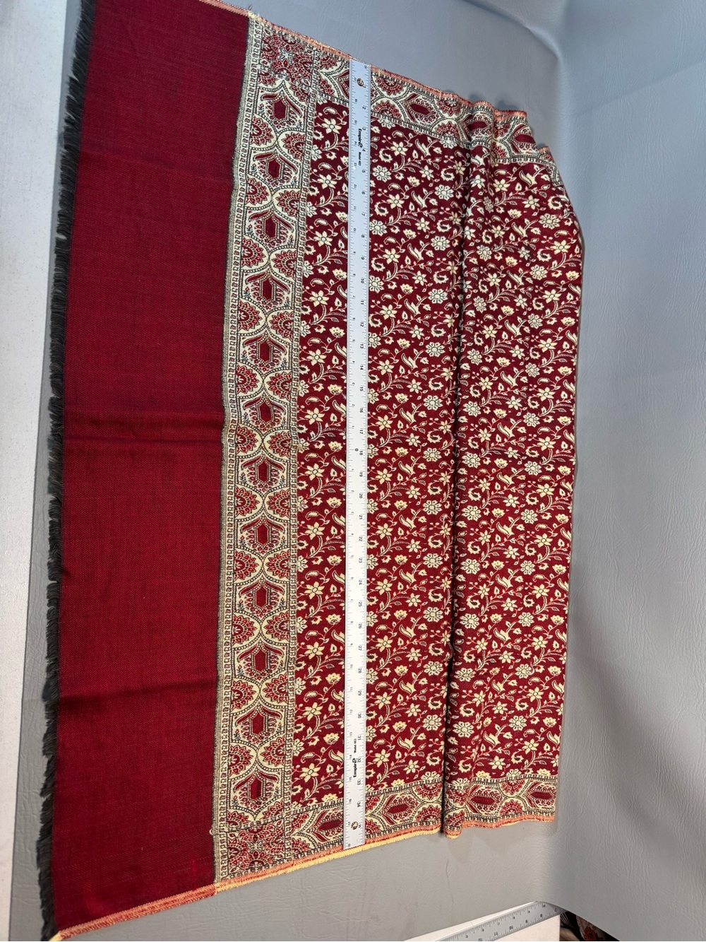 Red Cream Shaw Scarf Throw Floral Vine Geometric Textile Approximately 36”x70”